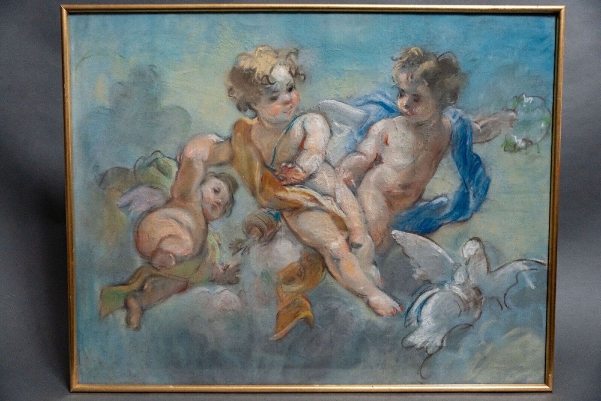 Tableau pastel fin XIXe décor d'angelots et de colombes