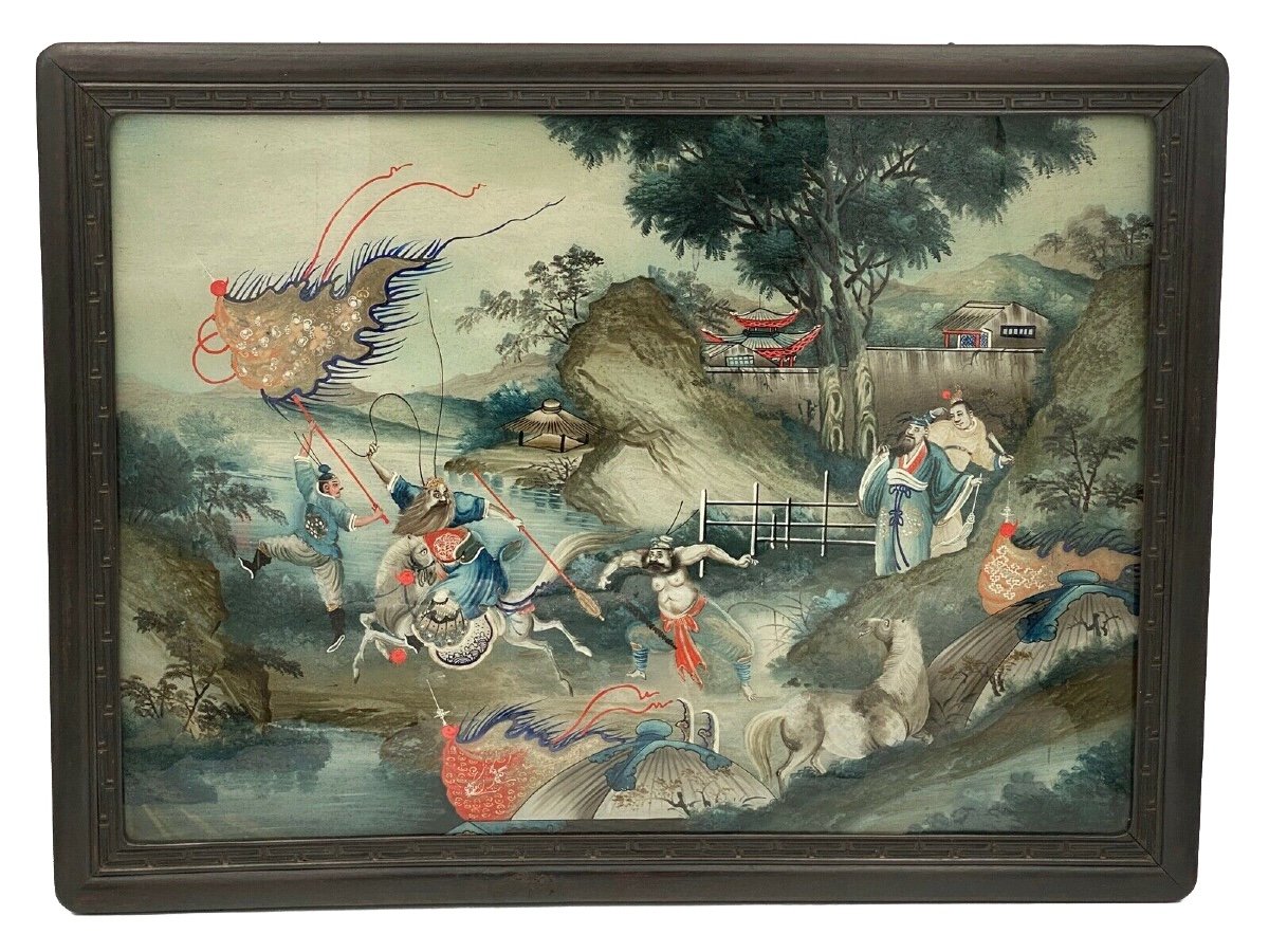 Fixed Under Glass Combat Scene China 19th Century Original Frame