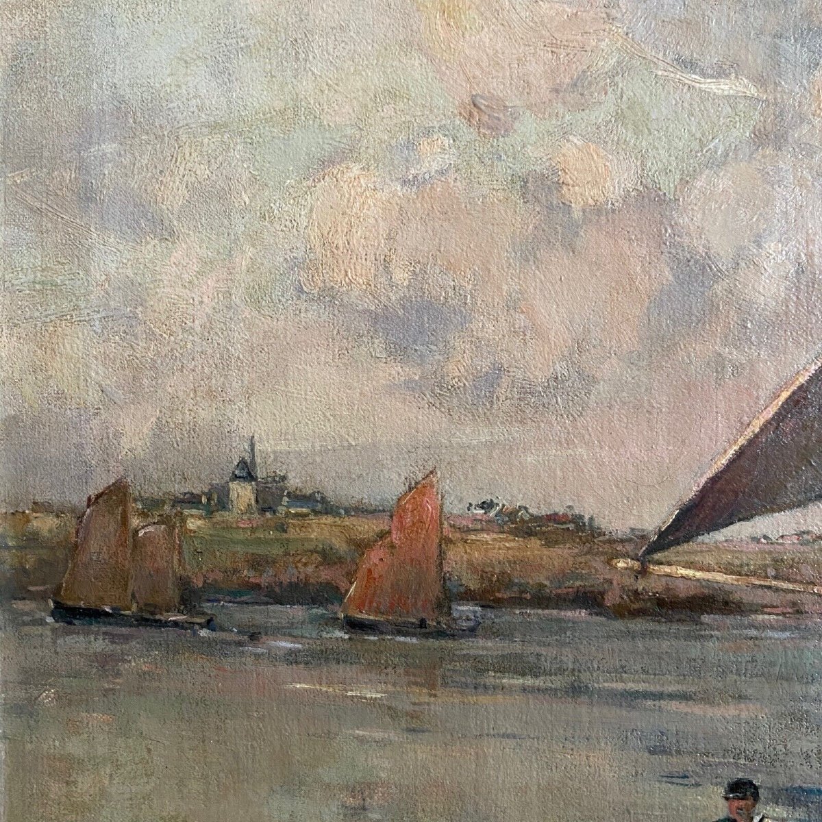 Oil On Canvas By Ernest Vauthrin (1878-1949) Boats In Brittany-photo-2