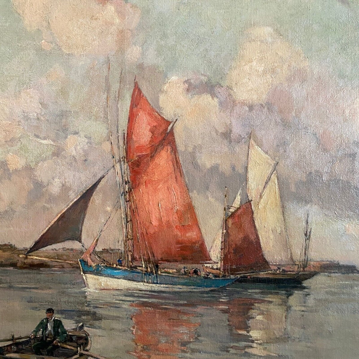 Oil On Canvas By Ernest Vauthrin (1878-1949) Boats In Brittany-photo-4