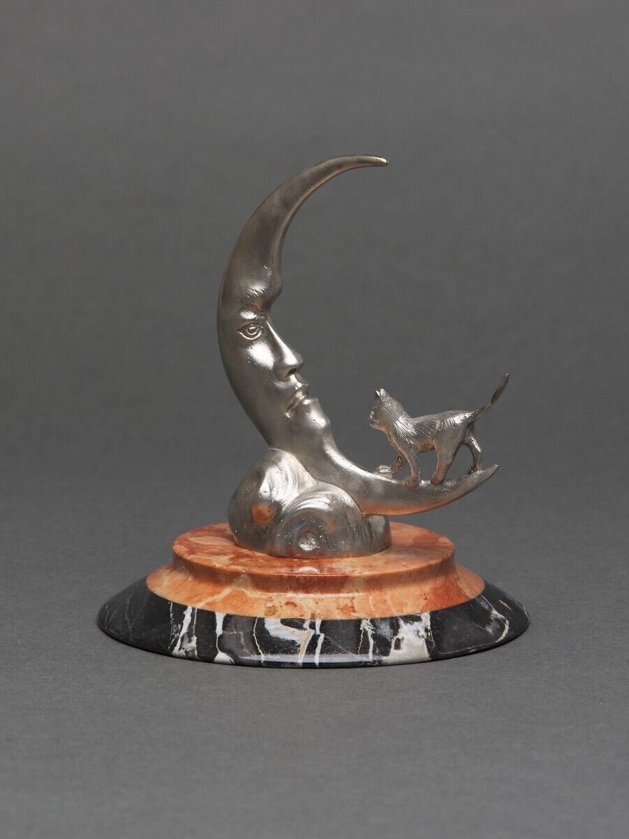 Silvered Bronze Mascot By Etienne Mercier, Moonlight, 20th Century, Marble Base-photo-2