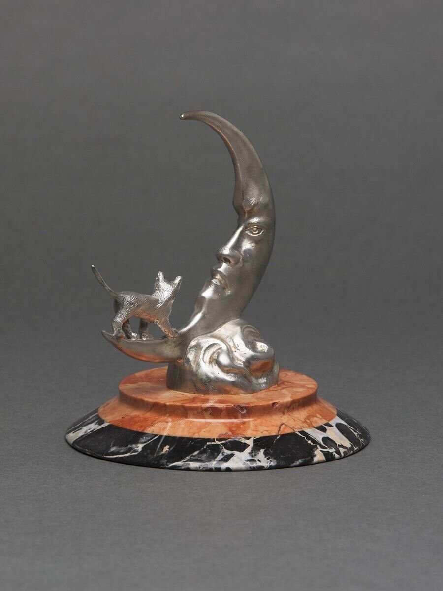 Silvered Bronze Mascot By Etienne Mercier, Moonlight, 20th Century, Marble Base-photo-4