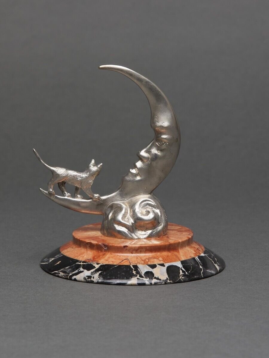 Silvered Bronze Mascot By Etienne Mercier, Moonlight, 20th Century, Marble Base-photo-1