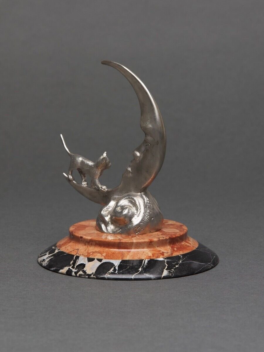 Silvered Bronze Mascot By Etienne Mercier, Moonlight, 20th Century, Marble Base-photo-2