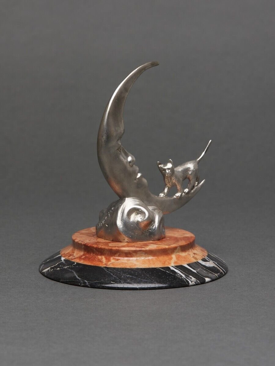 Silvered Bronze Mascot By Etienne Mercier, Moonlight, 20th Century, Marble Base-photo-4