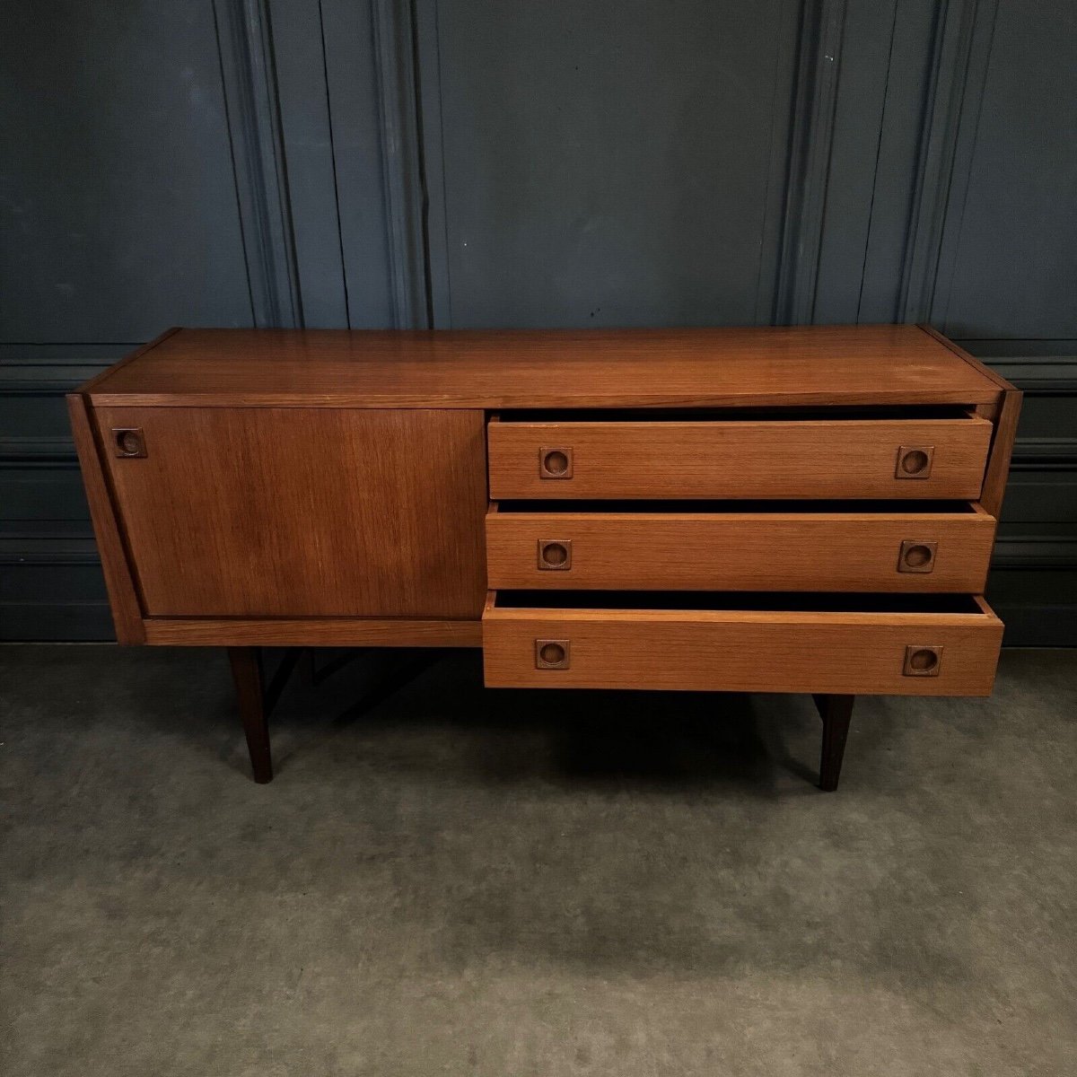 Small Scandinavian Teak Sideboard 1960s Three Drawers-photo-3