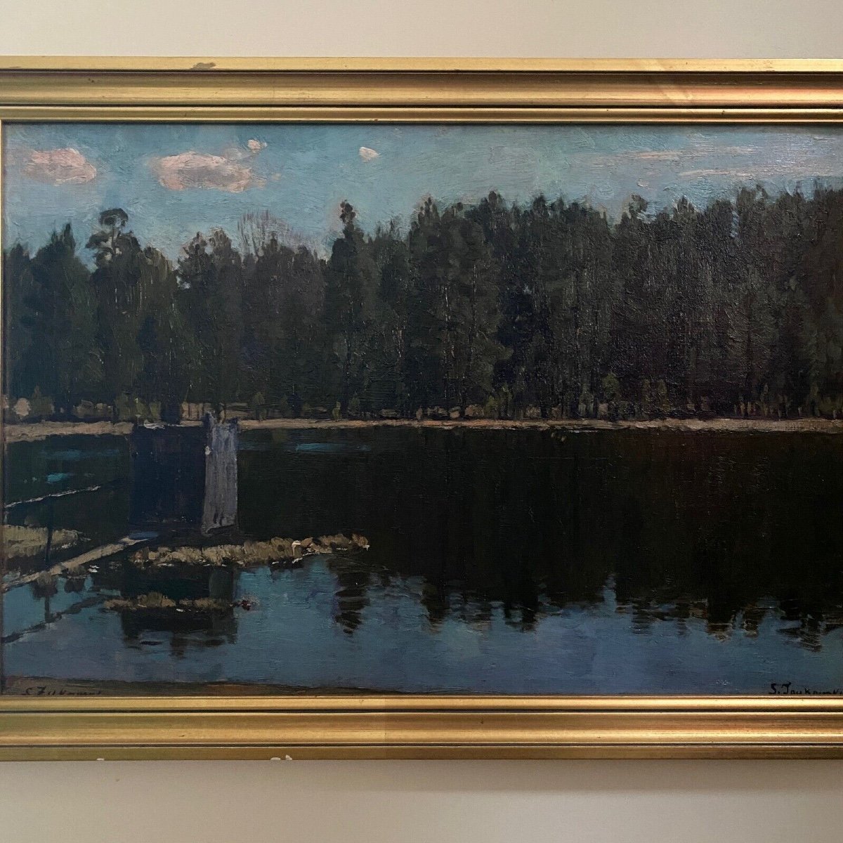 Oil On Cardboard By Stanislaw Zukowski Body Of Water At Dusk-photo-2