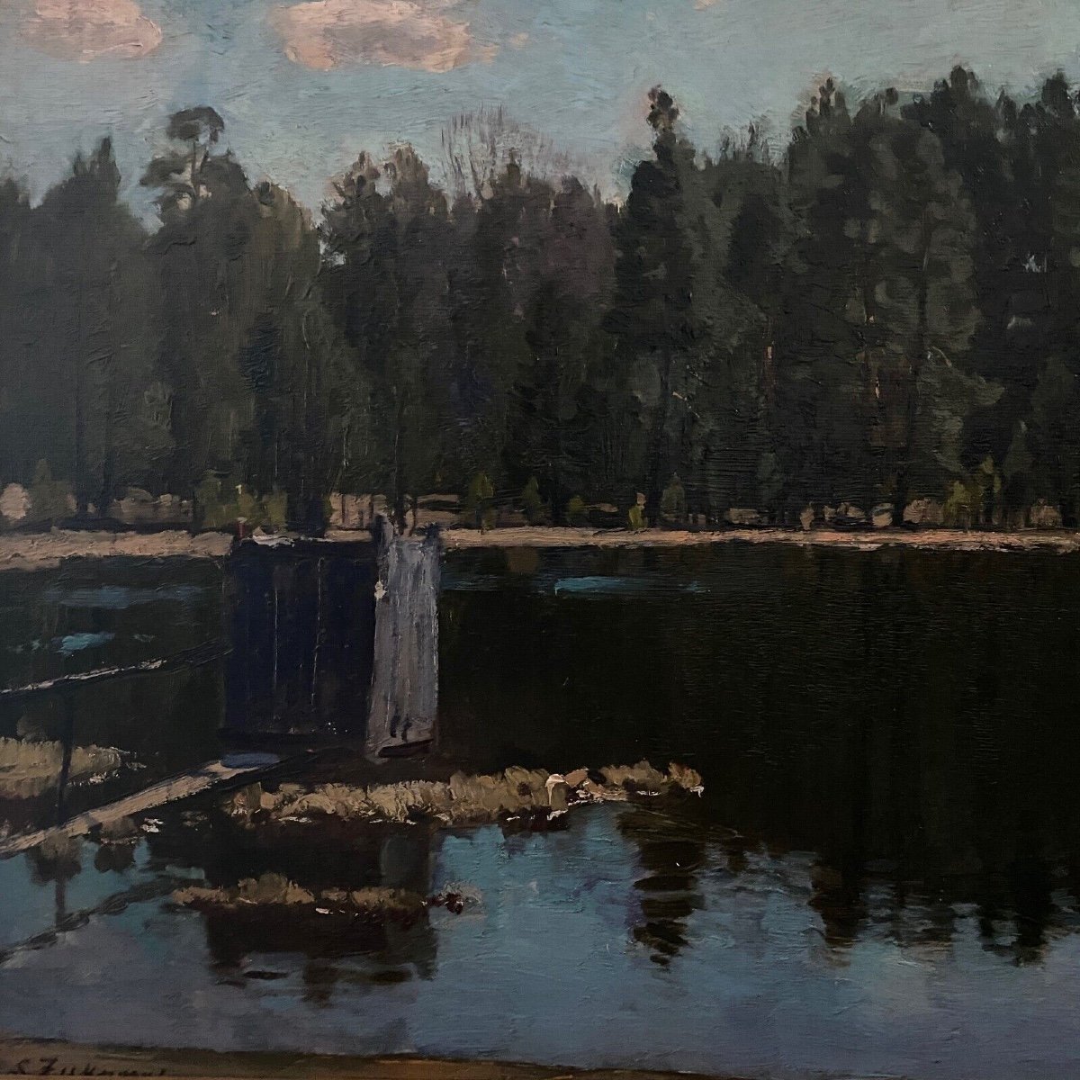 Oil On Cardboard By Stanislaw Zukowski Body Of Water At Dusk-photo-3