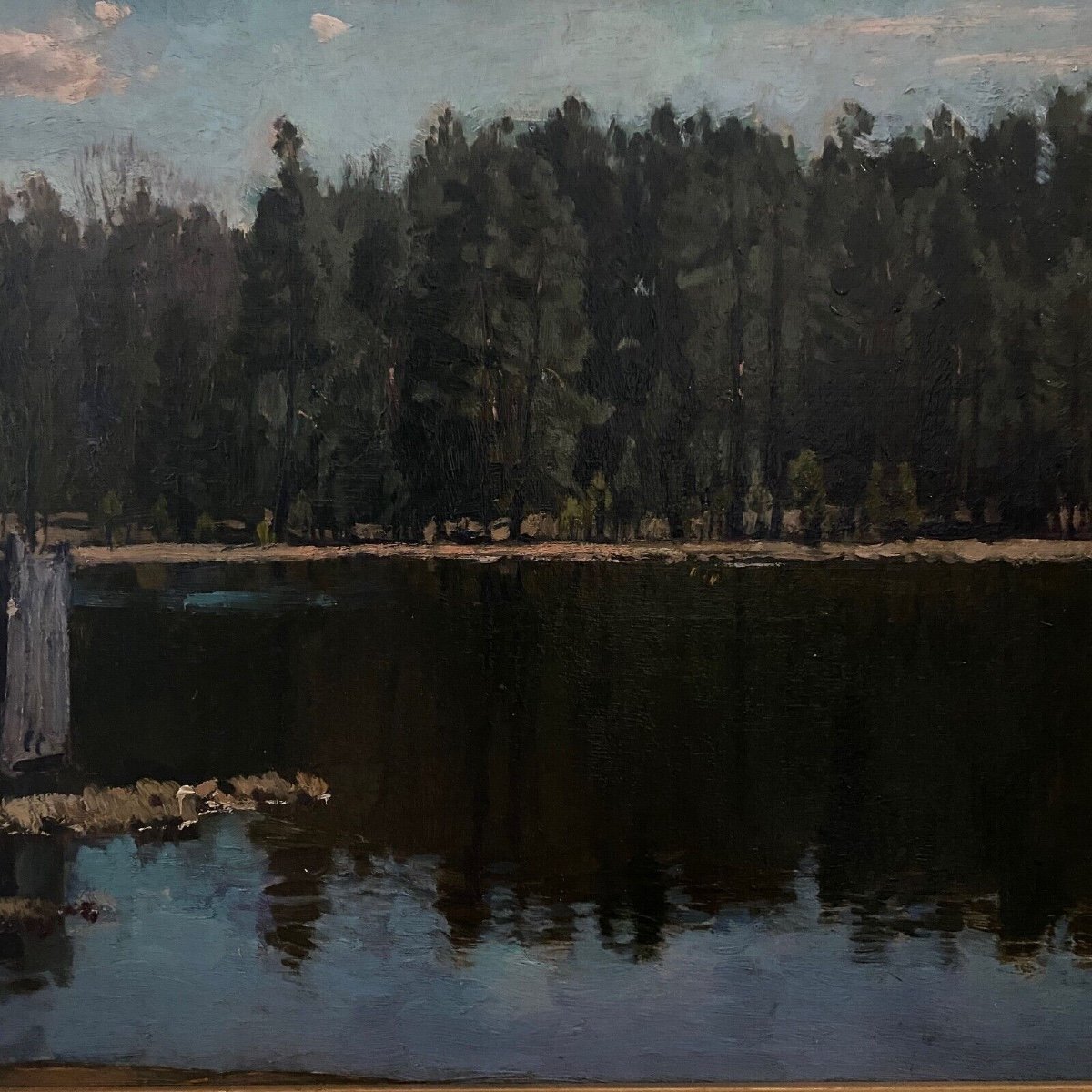 Oil On Cardboard By Stanislaw Zukowski Body Of Water At Dusk-photo-4