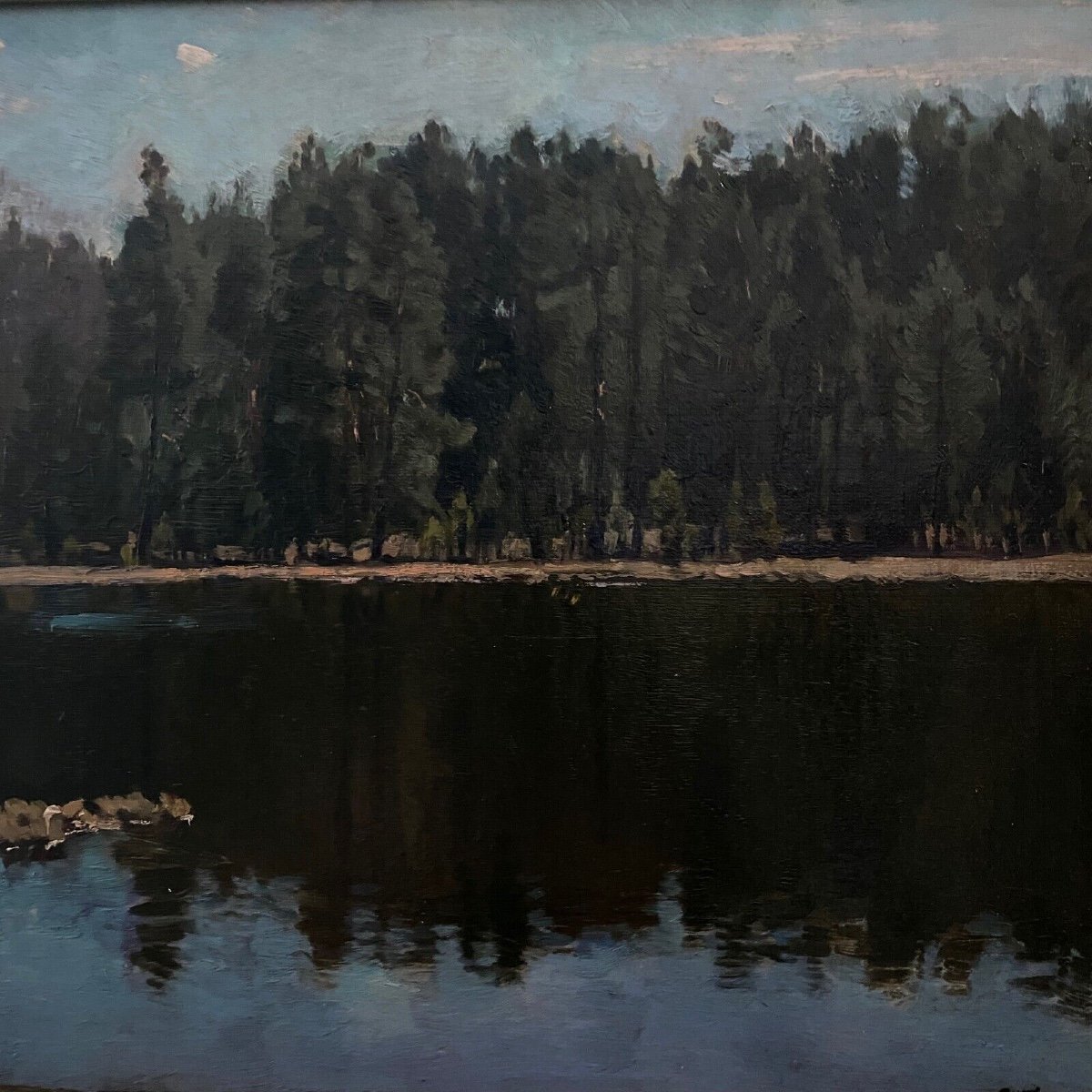 Oil On Cardboard By Stanislaw Zukowski Body Of Water At Dusk-photo-5