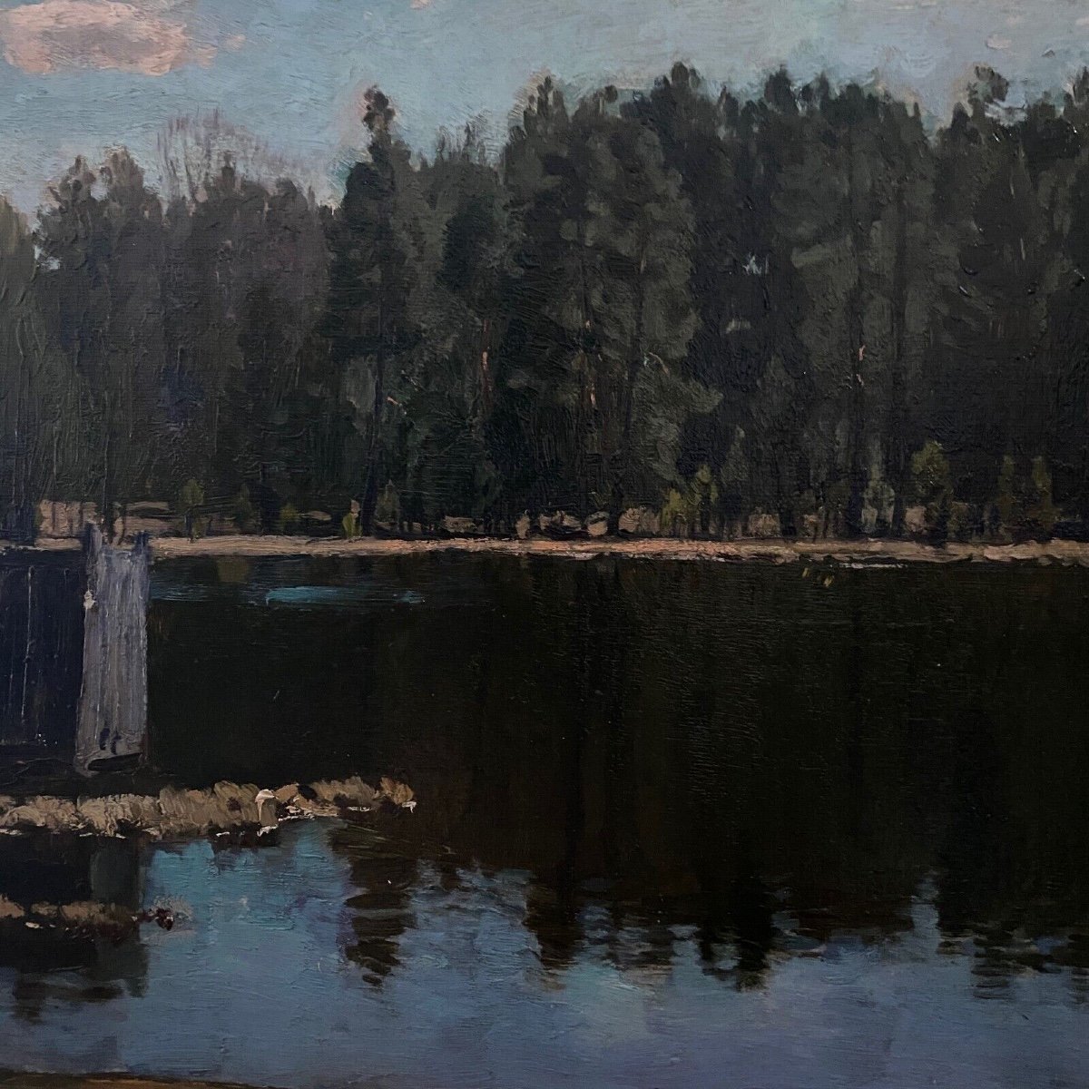 Oil On Cardboard By Stanislaw Zukowski Body Of Water At Dusk-photo-6