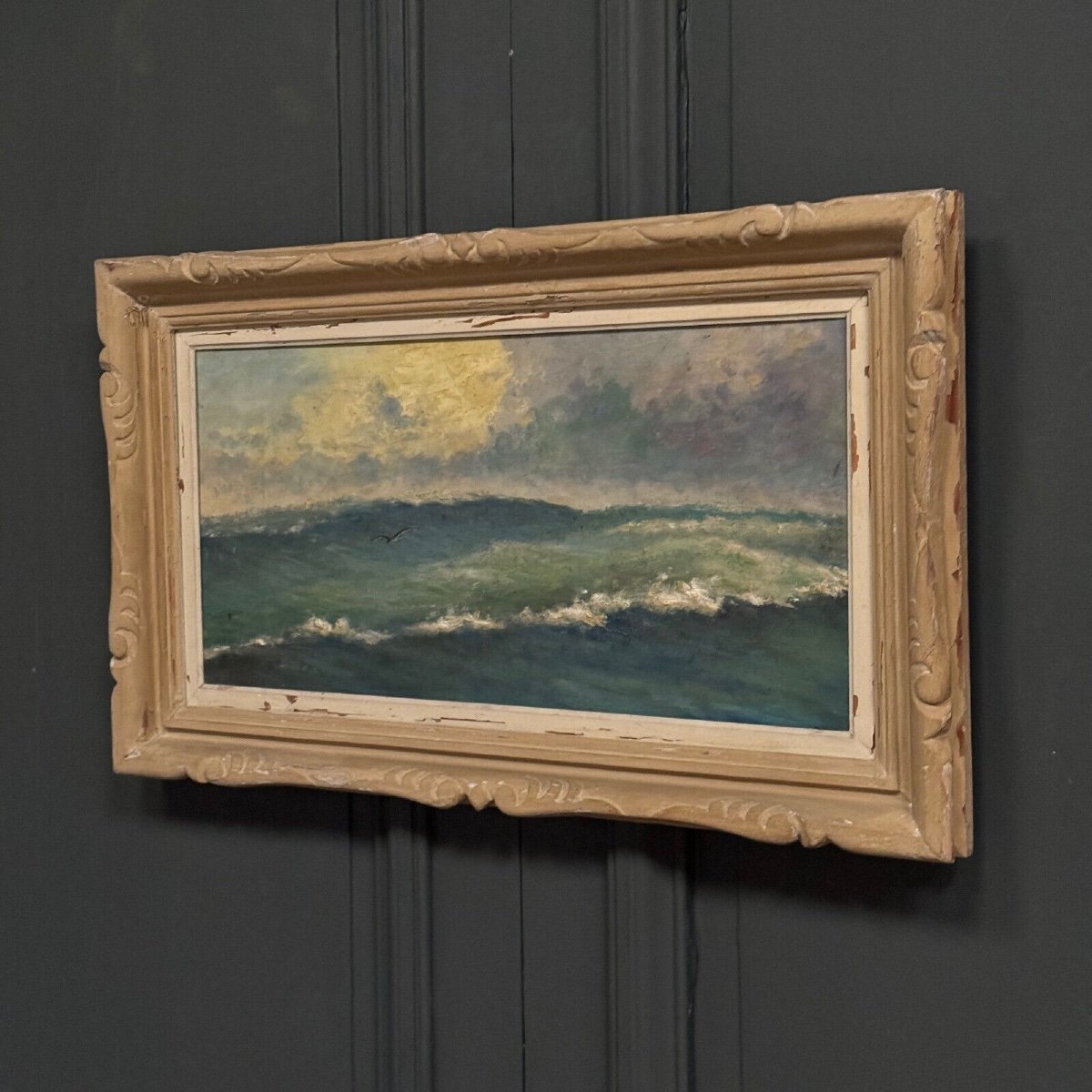 Oil On Cardboard Representing Waves 20th Century, Whitewashed Frame-photo-2