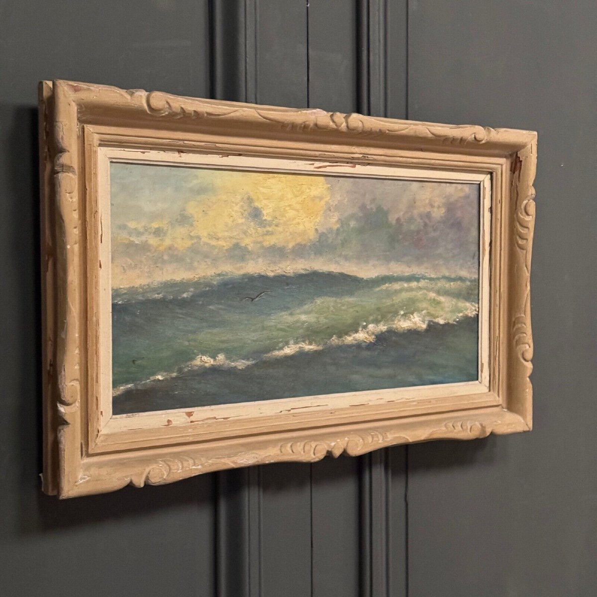 Oil On Cardboard Representing Waves 20th Century, Whitewashed Frame-photo-3