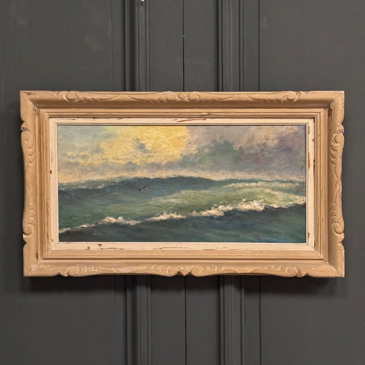 Oil On Cardboard Representing Waves 20th Century, Whitewashed Frame