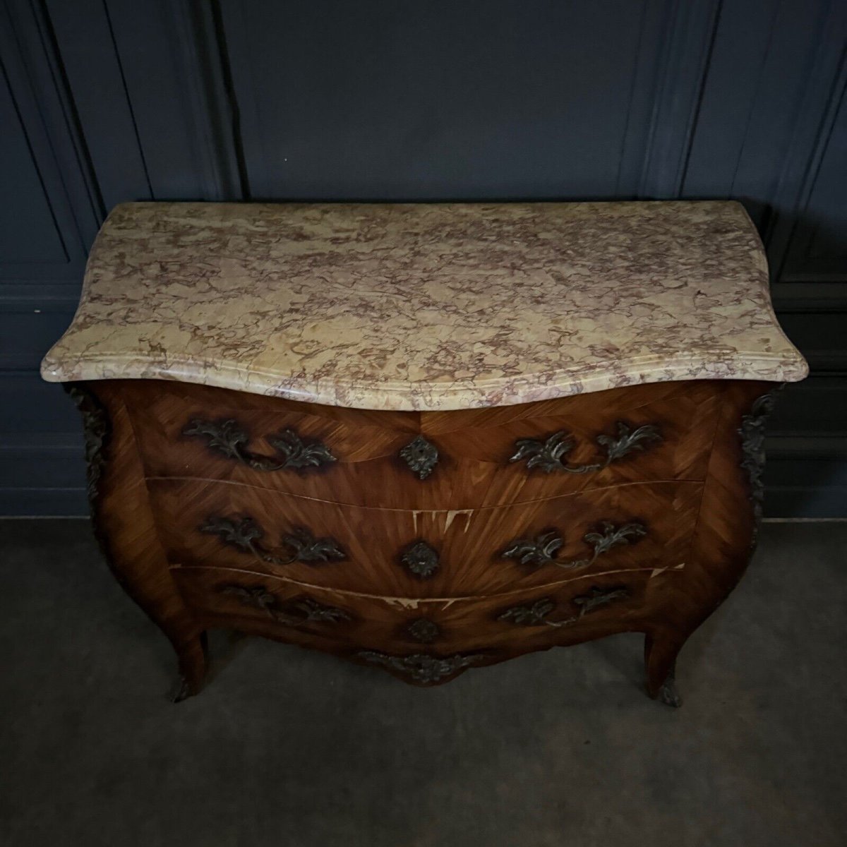 18th Century Louis XV Marquetry Chest Of Drawers With 3 Drawers In Siena Marble-photo-2