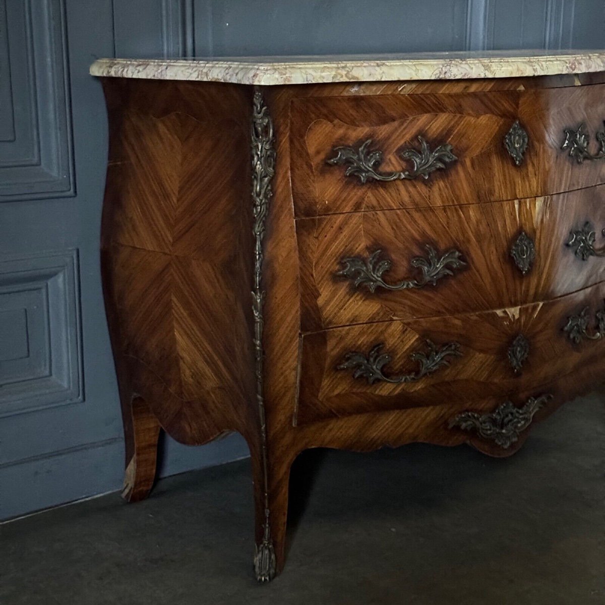 18th Century Louis XV Marquetry Chest Of Drawers With 3 Drawers In Siena Marble-photo-3