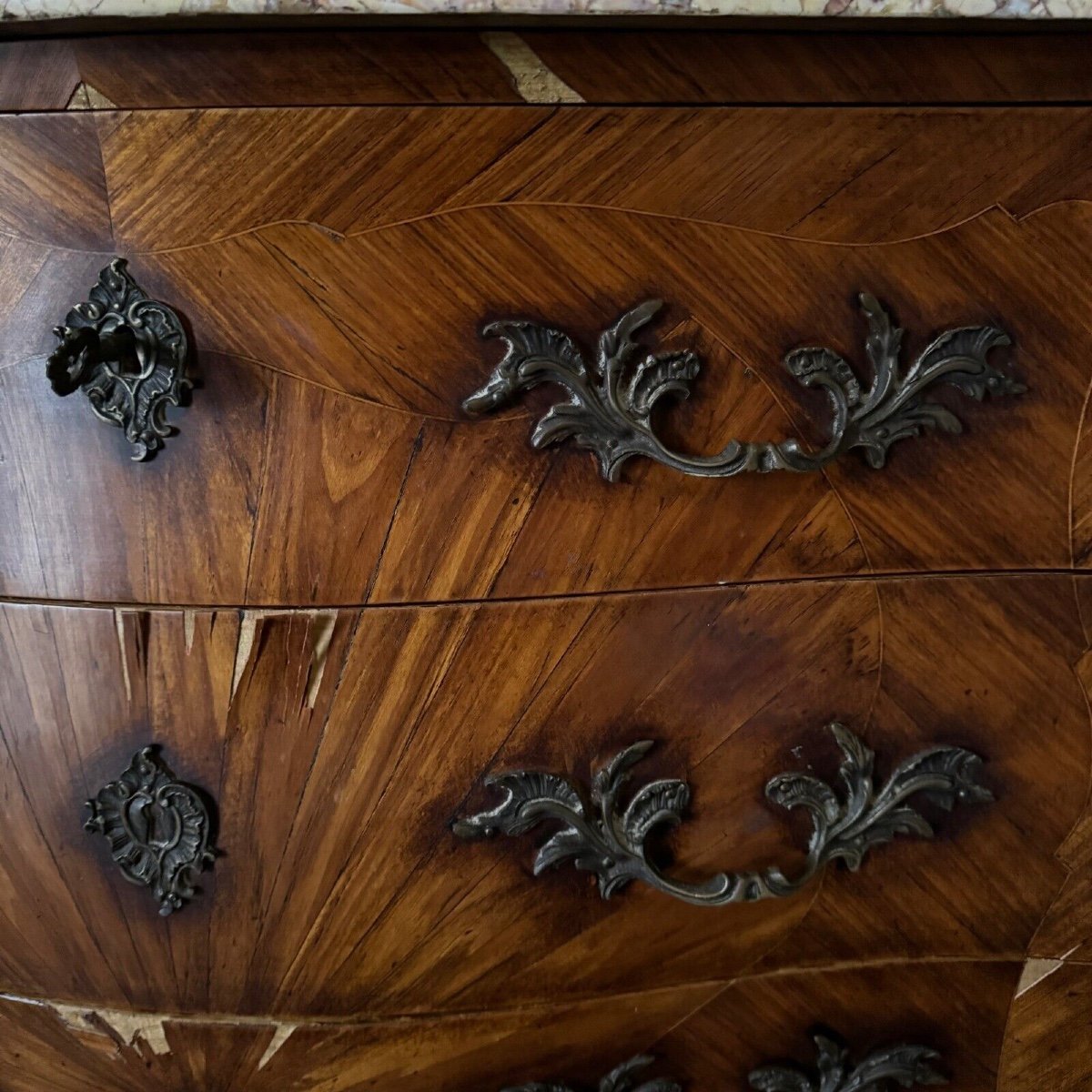 18th Century Louis XV Marquetry Chest Of Drawers With 3 Drawers In Siena Marble-photo-1