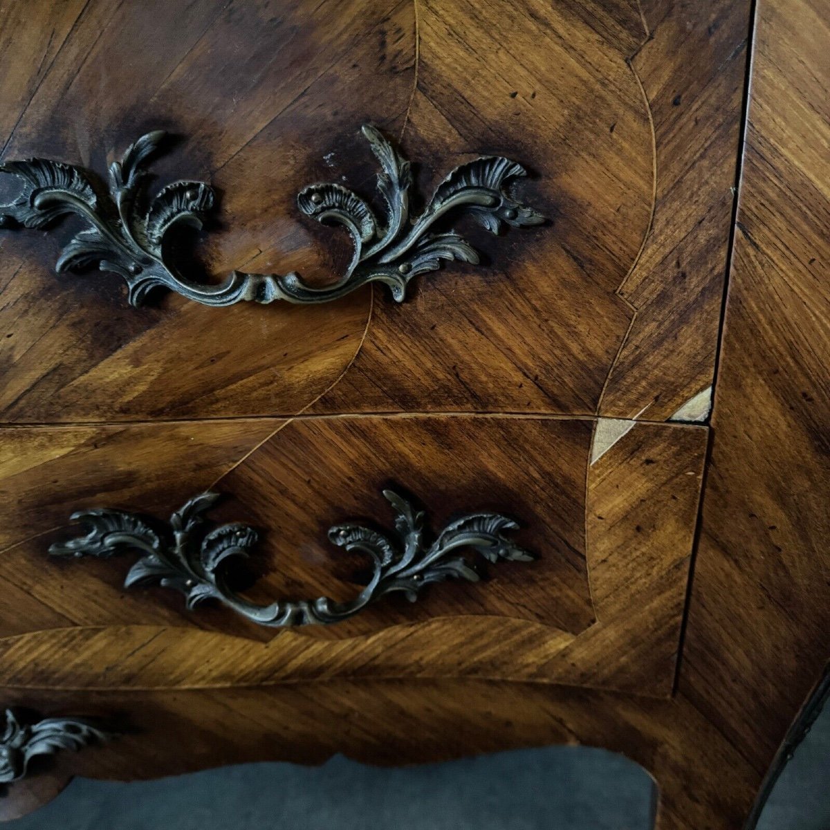 18th Century Louis XV Marquetry Chest Of Drawers With 3 Drawers In Siena Marble-photo-2