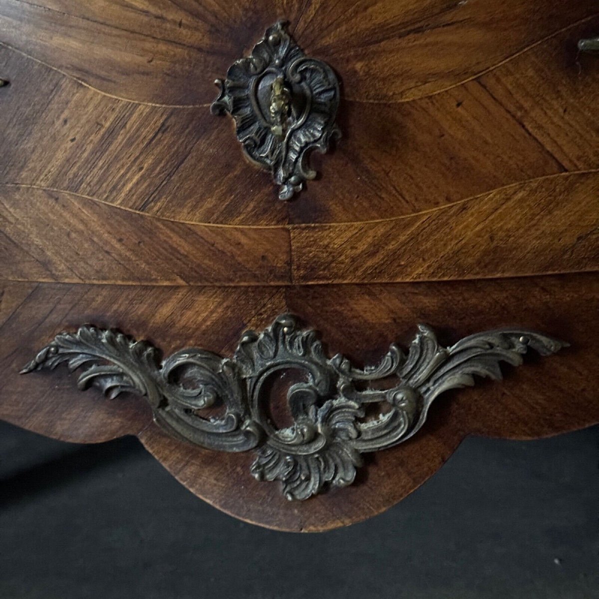 18th Century Louis XV Marquetry Chest Of Drawers With 3 Drawers In Siena Marble-photo-6