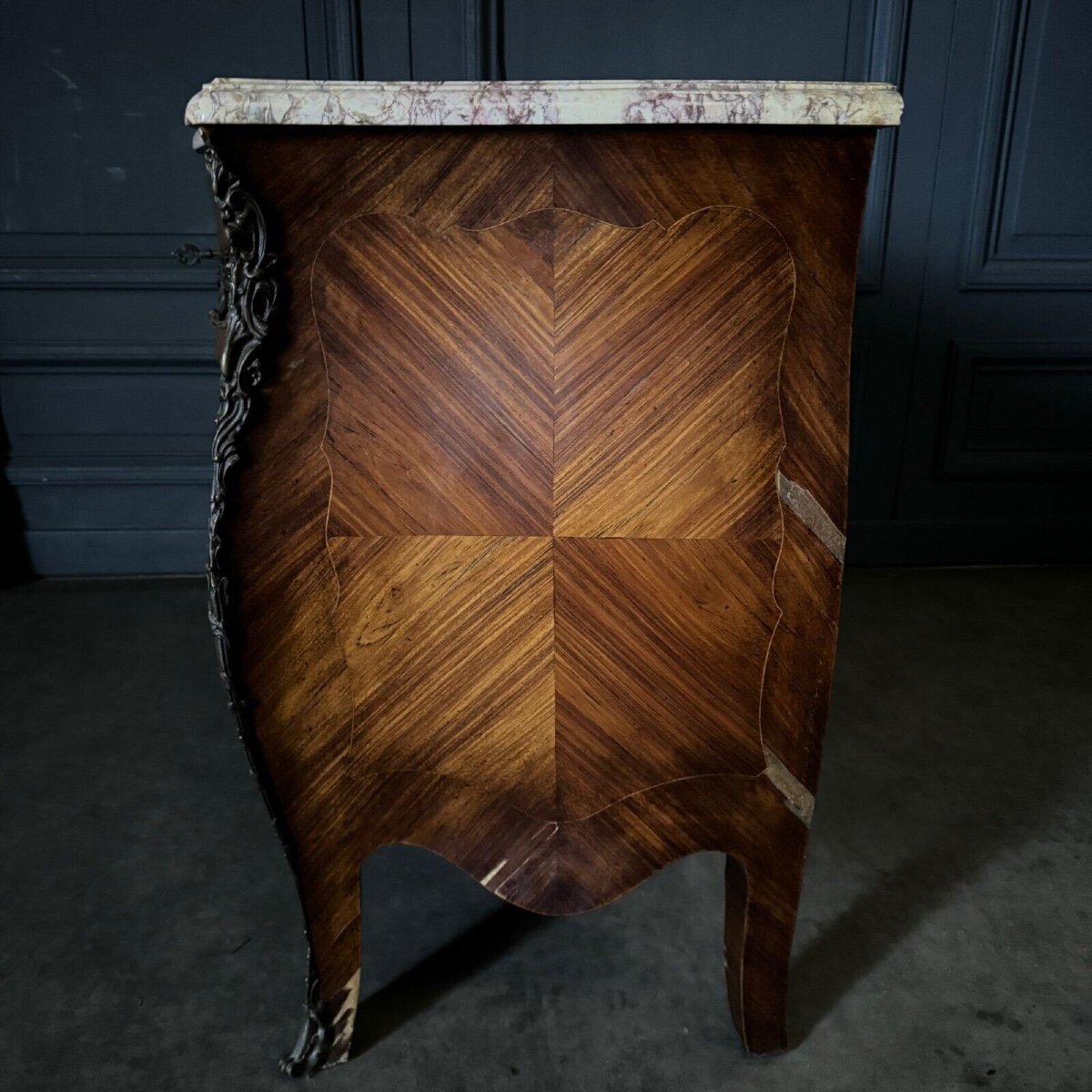 18th Century Louis XV Marquetry Chest Of Drawers With 3 Drawers In Siena Marble-photo-8