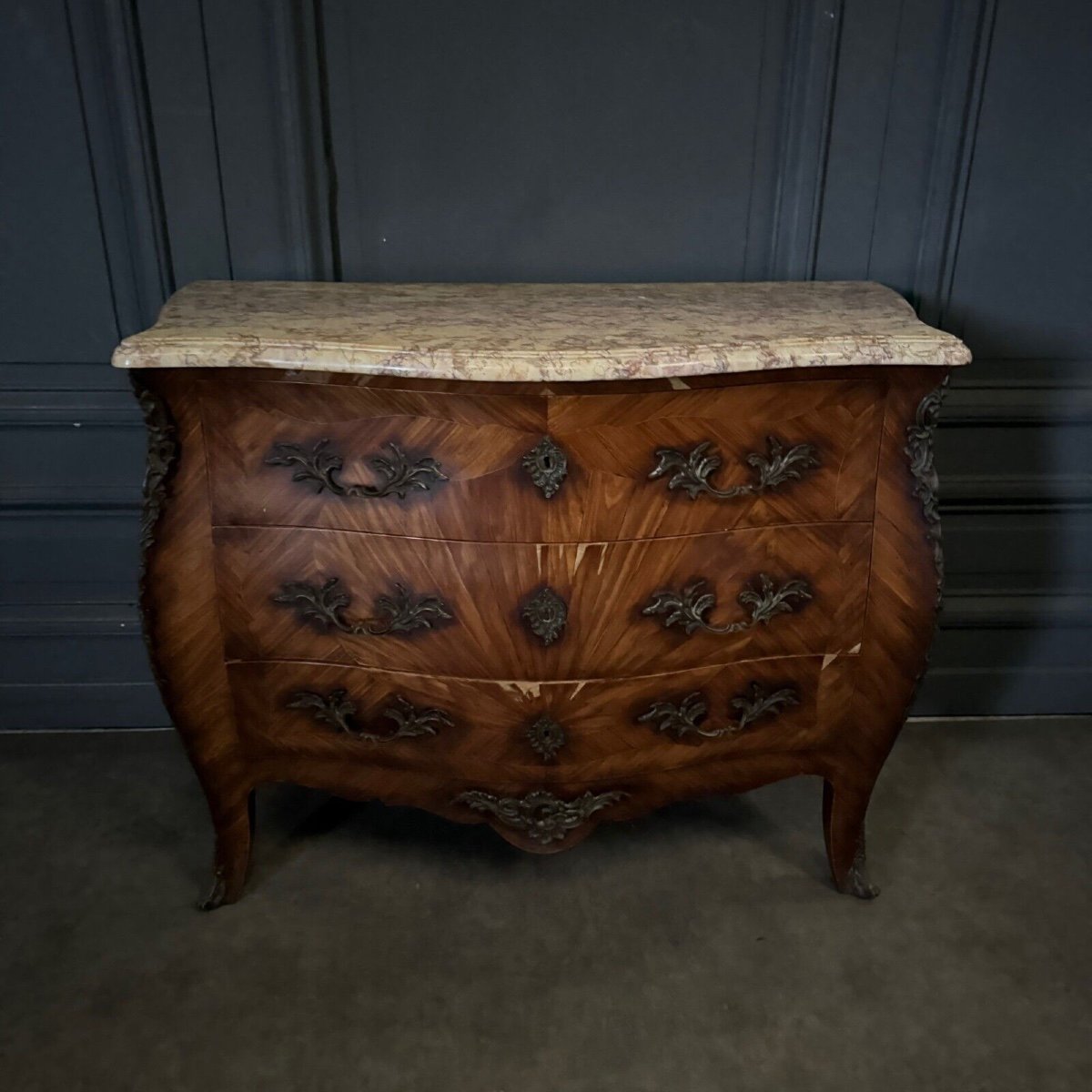 18th Century Louis XV Marquetry Chest Of Drawers With 3 Drawers In Siena Marble