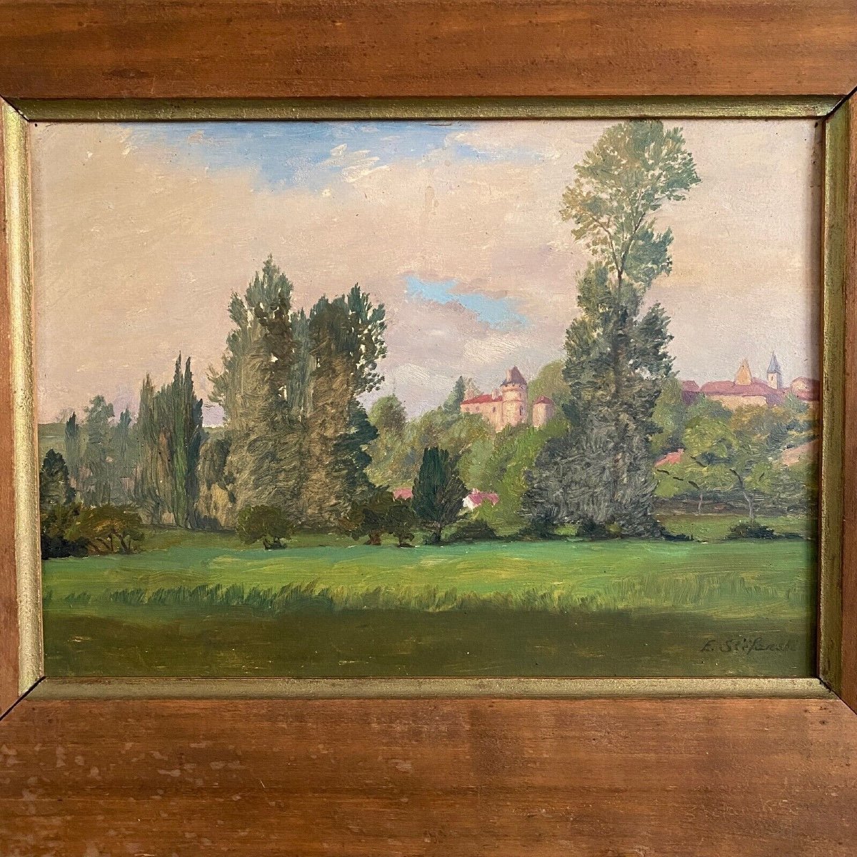 Oil On Cardboard Depicting A Castle By E. Stefanski 20th Century-photo-3