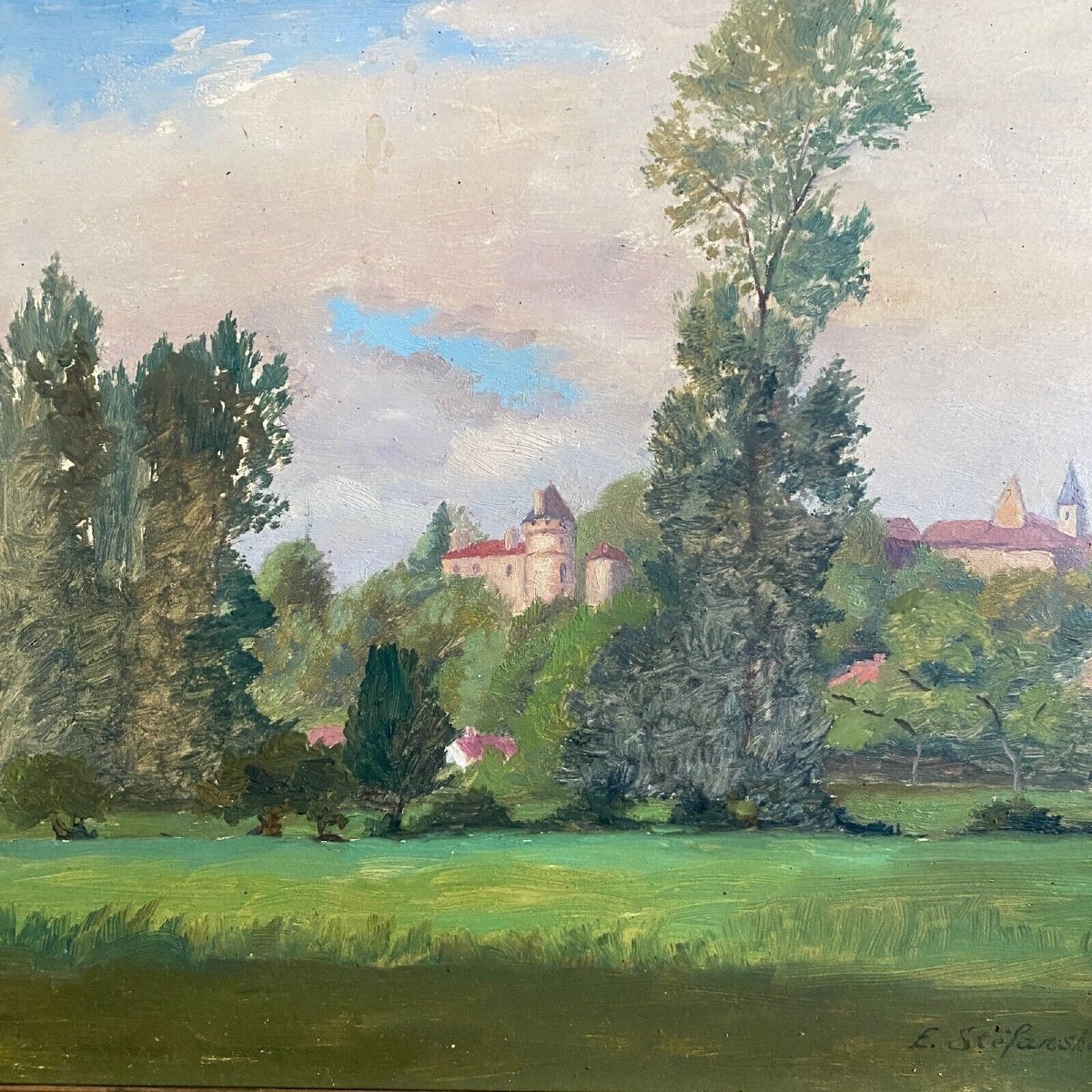 Oil On Cardboard Depicting A Castle By E. Stefanski 20th Century-photo-2