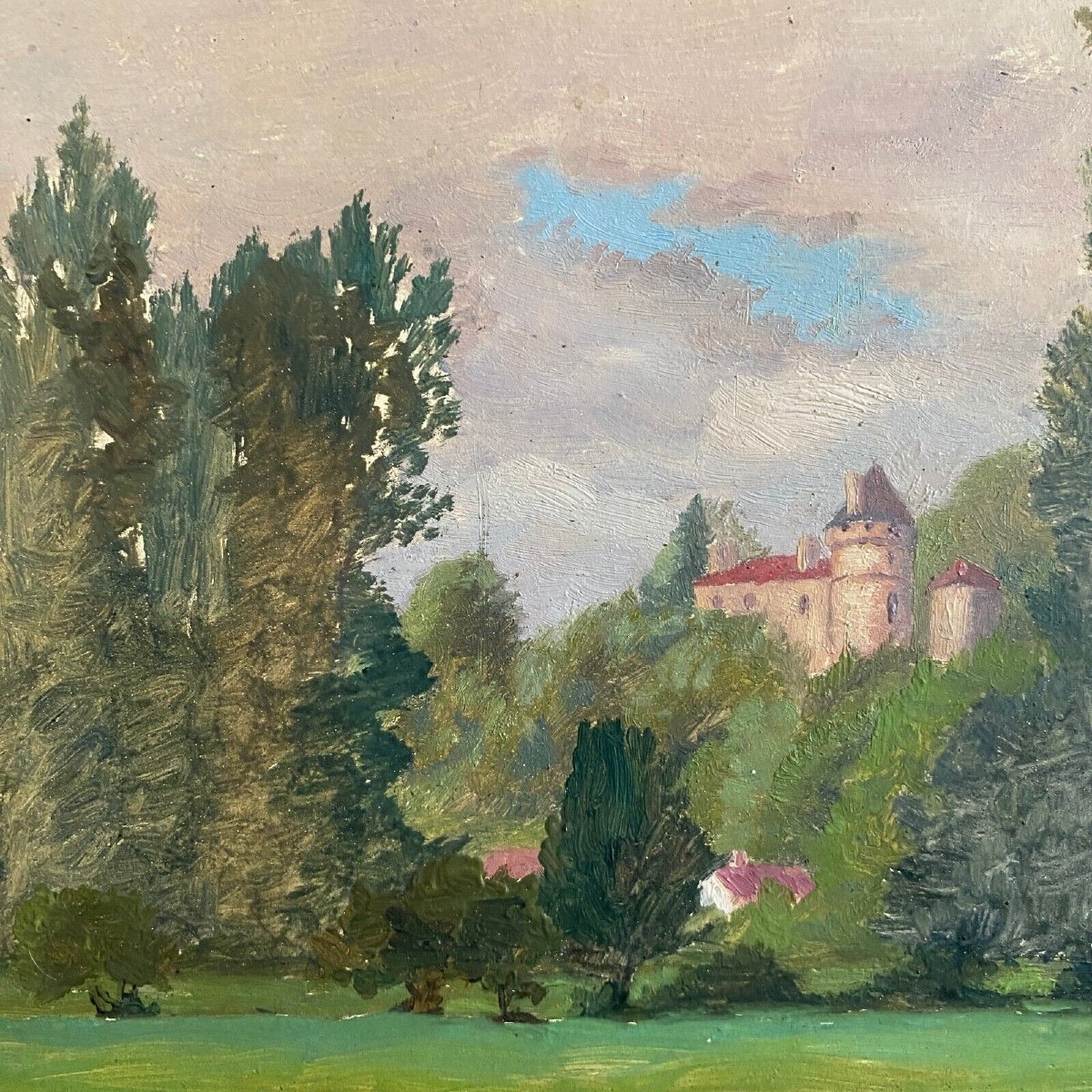 Oil On Cardboard Depicting A Castle By E. Stefanski 20th Century-photo-4