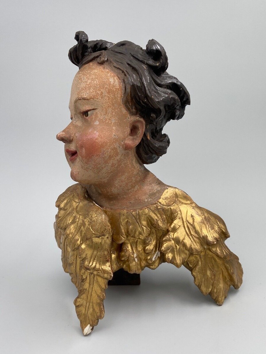 Head Of A Cherub Carved In Polychrome And Gilded Wood, 17th Century, Entourage Of Ignaz Günther-photo-2