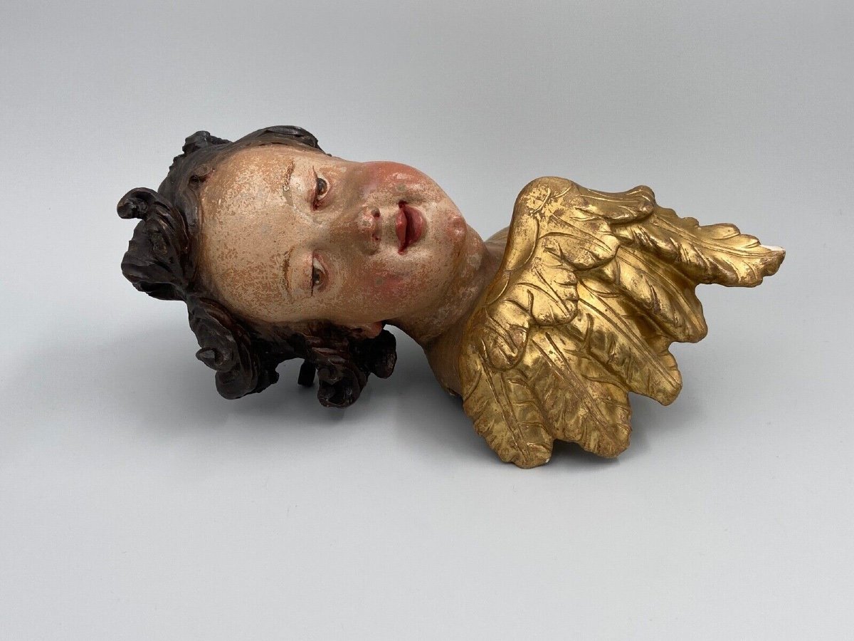 Head Of A Cherub Carved In Polychrome And Gilded Wood, 17th Century, Entourage Of Ignaz Günther-photo-3