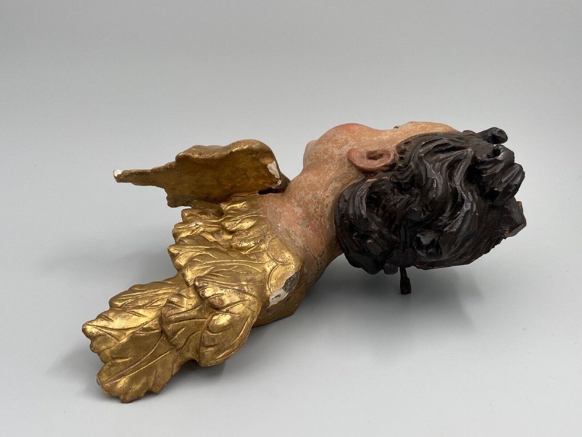 Head Of A Cherub Carved In Polychrome And Gilded Wood, 17th Century, Entourage Of Ignaz Günther-photo-4