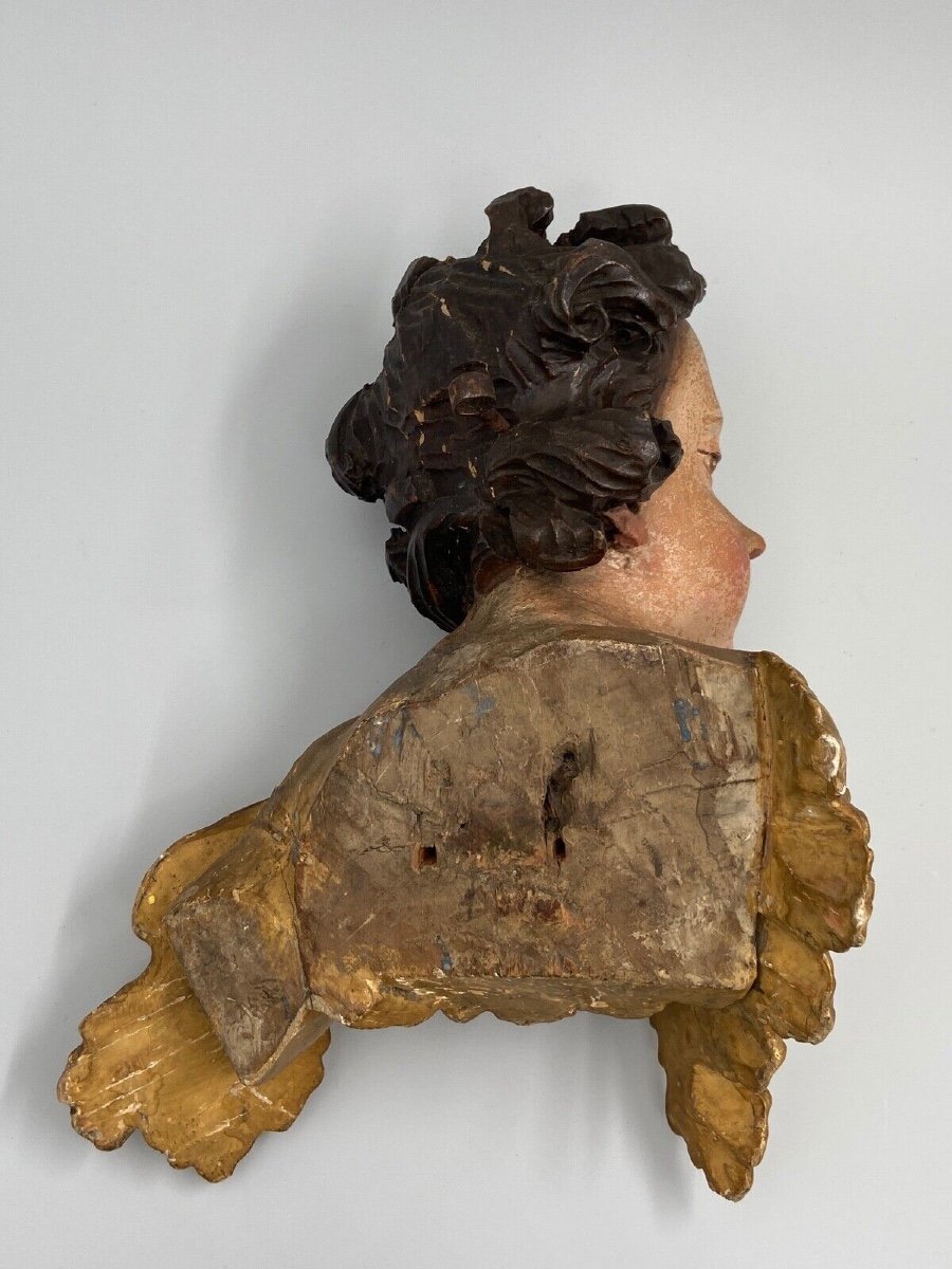 Head Of A Cherub Carved In Polychrome And Gilded Wood, 17th Century, Entourage Of Ignaz Günther-photo-1