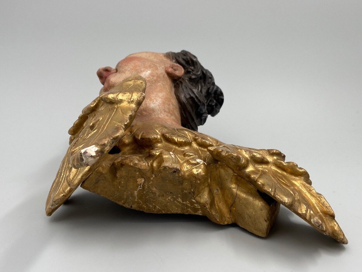 Head Of A Cherub Carved In Polychrome And Gilded Wood, 17th Century, Entourage Of Ignaz Günther-photo-2