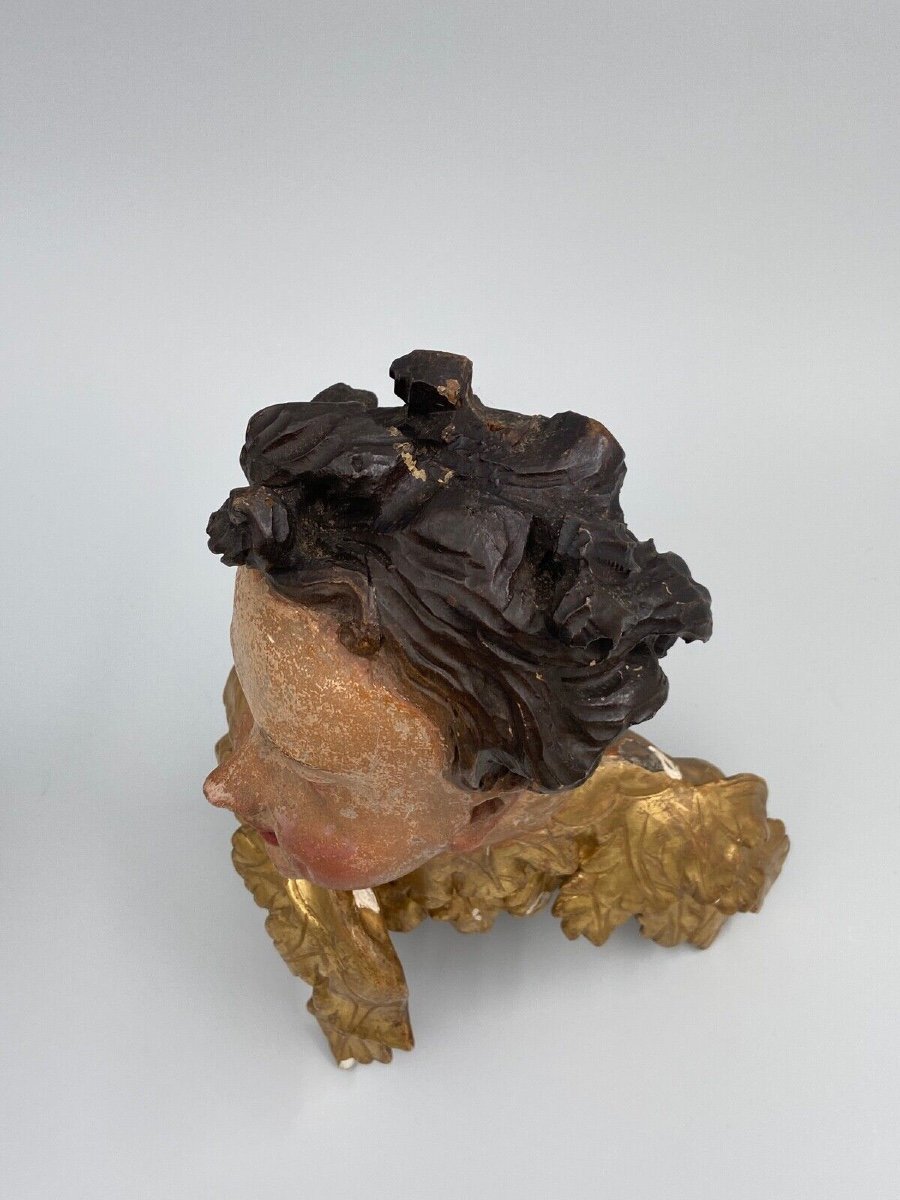 Head Of A Cherub Carved In Polychrome And Gilded Wood, 17th Century, Entourage Of Ignaz Günther-photo-3