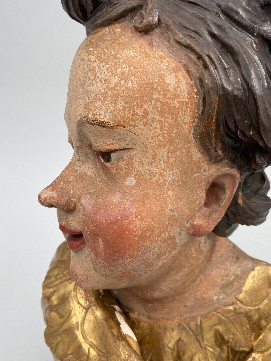 Head Of A Cherub Carved In Polychrome And Gilded Wood, 17th Century, Entourage Of Ignaz Günther-photo-4