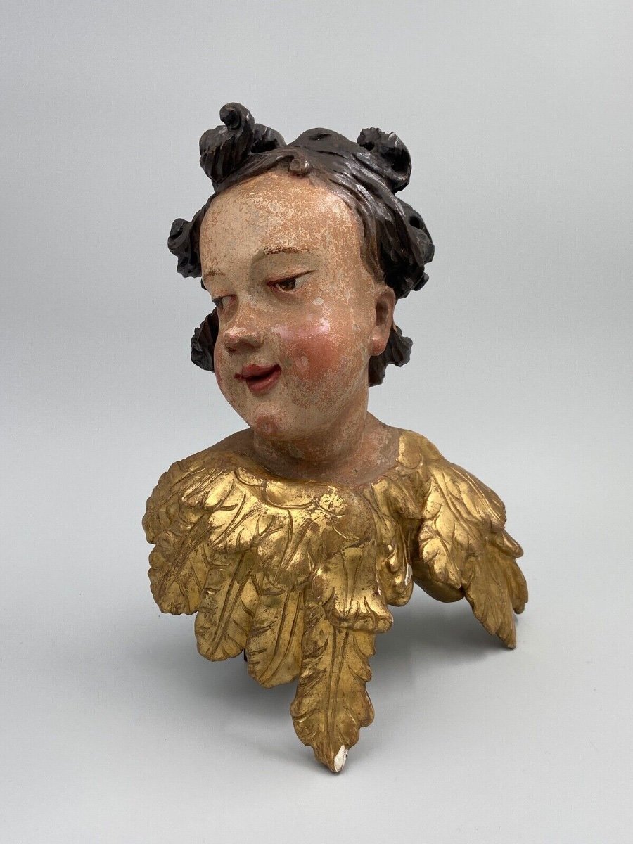 Head Of A Cherub Carved In Polychrome And Gilded Wood, 17th Century, Entourage Of Ignaz Günther