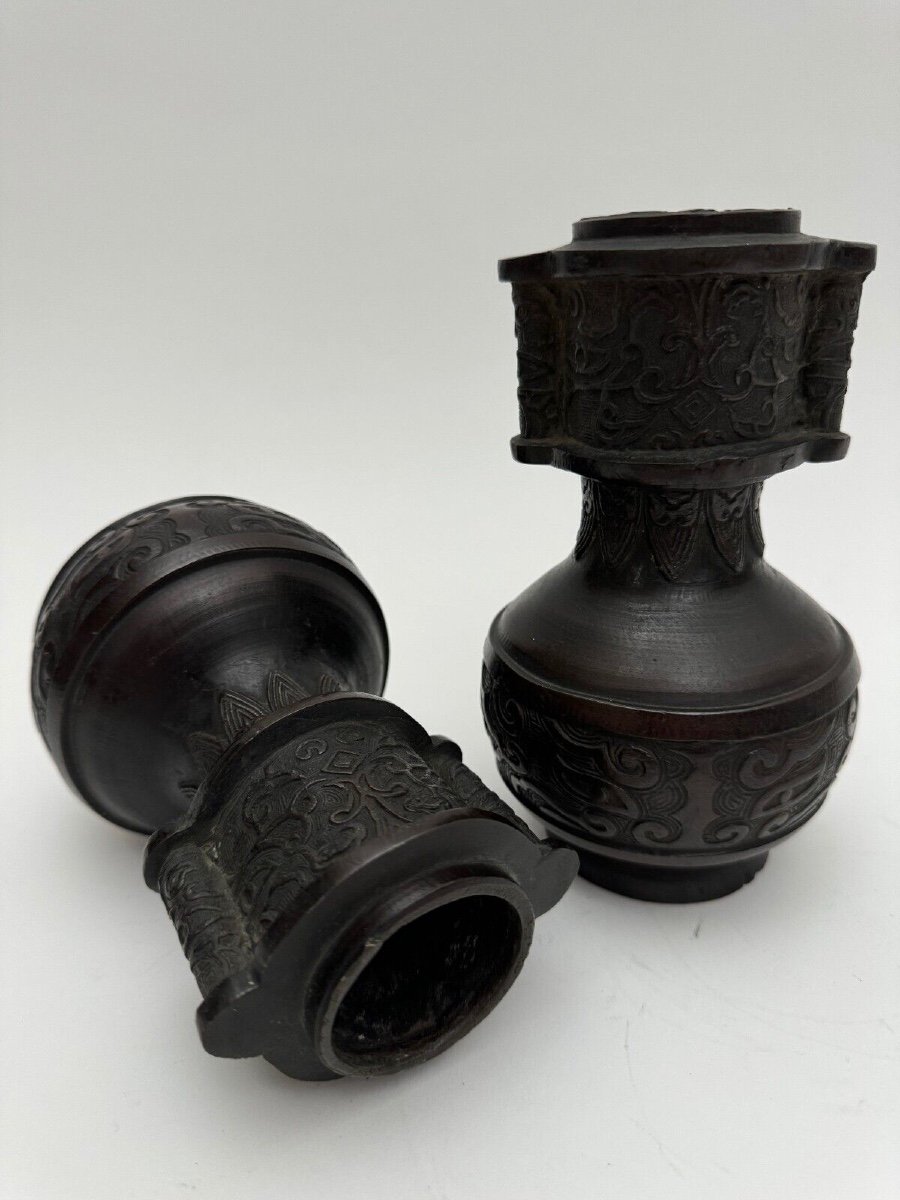 Pair Of Bronze Vases From Japan In The Antique Meiji Period-photo-1