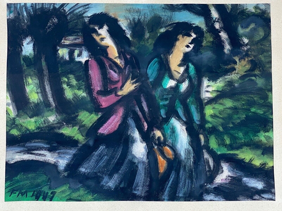 Watercolor On Paper By Frans Masereel 1947 Couple Of Women With A Jug-photo-2