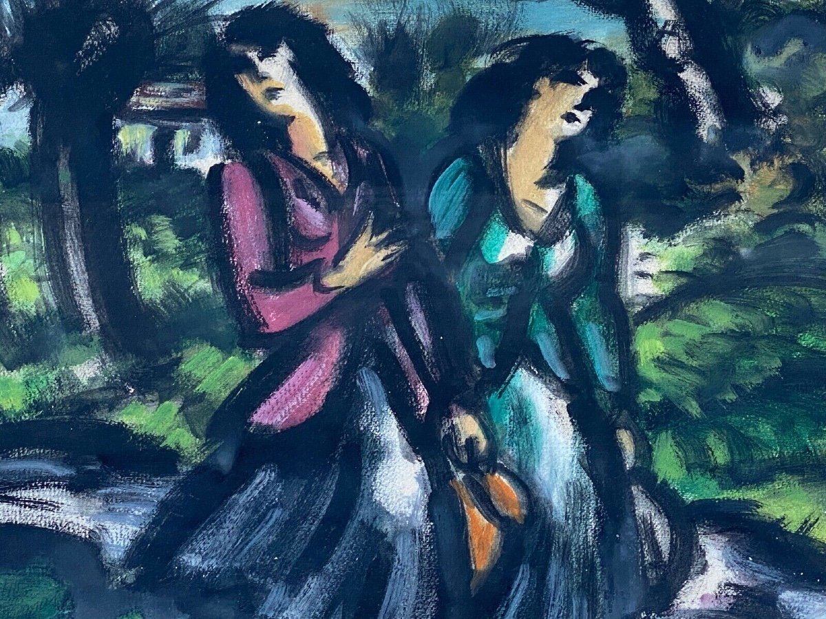 Watercolor On Paper By Frans Masereel 1947 Couple Of Women With A Jug-photo-2