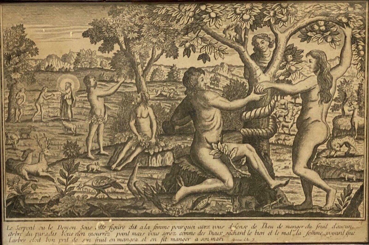 Gravure du XVIIIe Adam et Eve La Tentation Péché Genèse Chapitre 3 Basset-photo-2