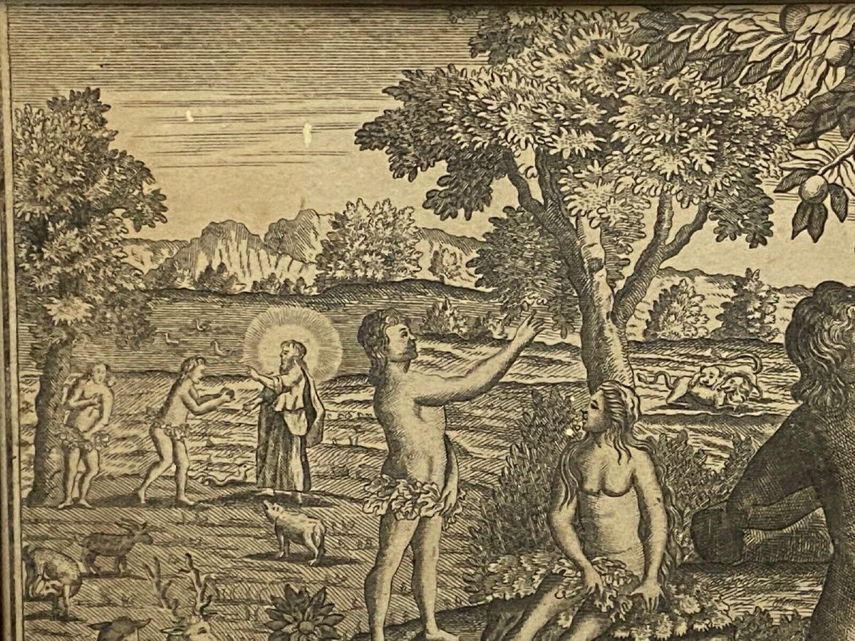 Gravure du XVIIIe Adam et Eve La Tentation Péché Genèse Chapitre 3 Basset-photo-3