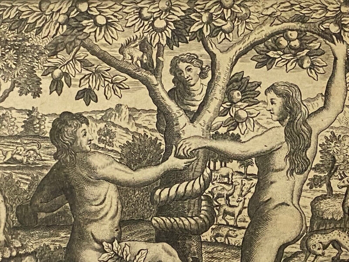 Gravure du XVIIIe Adam et Eve La Tentation Péché Genèse Chapitre 3 Basset-photo-4