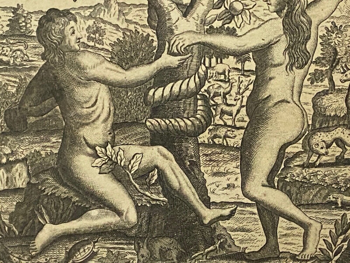 Gravure du XVIIIe Adam et Eve La Tentation Péché Genèse Chapitre 3 Basset-photo-1