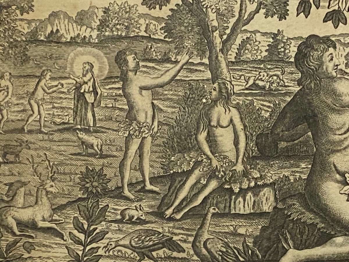 Gravure du XVIIIe Adam et Eve La Tentation Péché Genèse Chapitre 3 Basset-photo-2