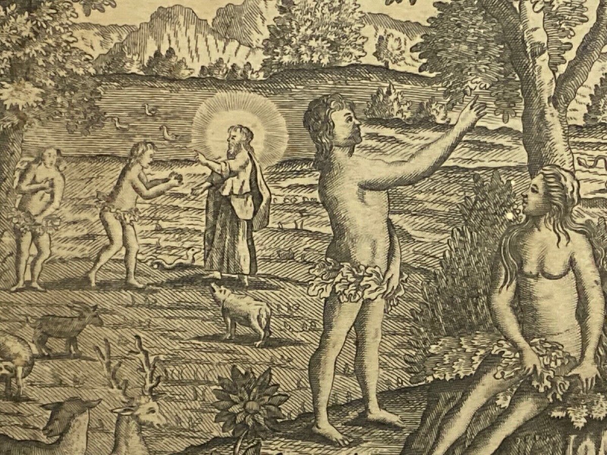 Gravure du XVIIIe Adam et Eve La Tentation Péché Genèse Chapitre 3 Basset-photo-3