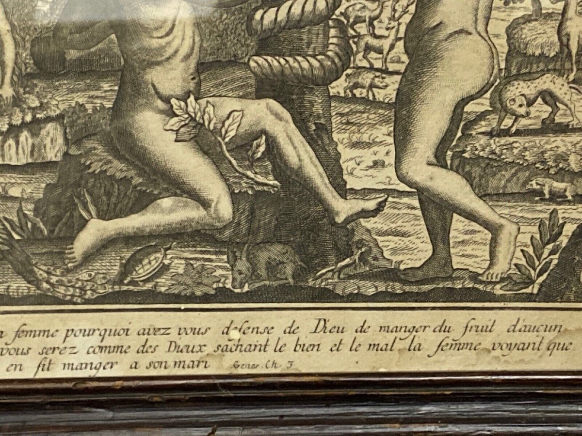 Gravure du XVIIIe Adam et Eve La Tentation Péché Genèse Chapitre 3 Basset-photo-6