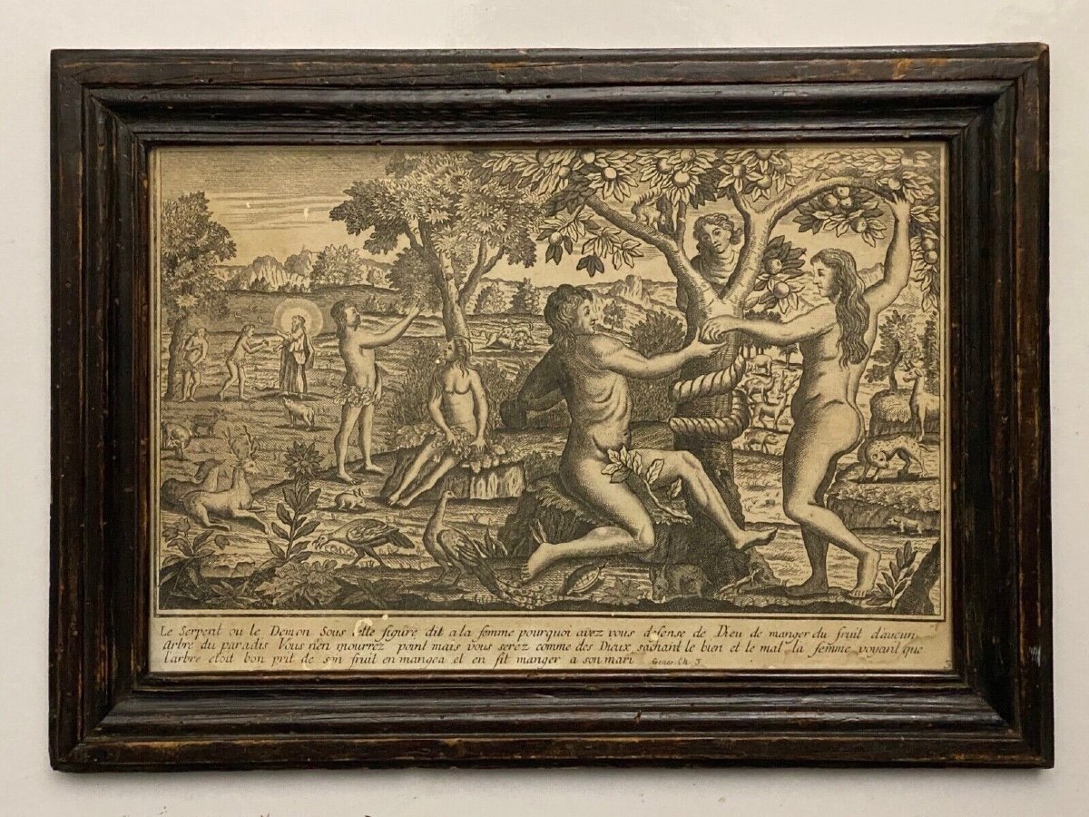 Gravure du XVIIIe Adam et Eve La Tentation Péché Genèse Chapitre 3 Basset