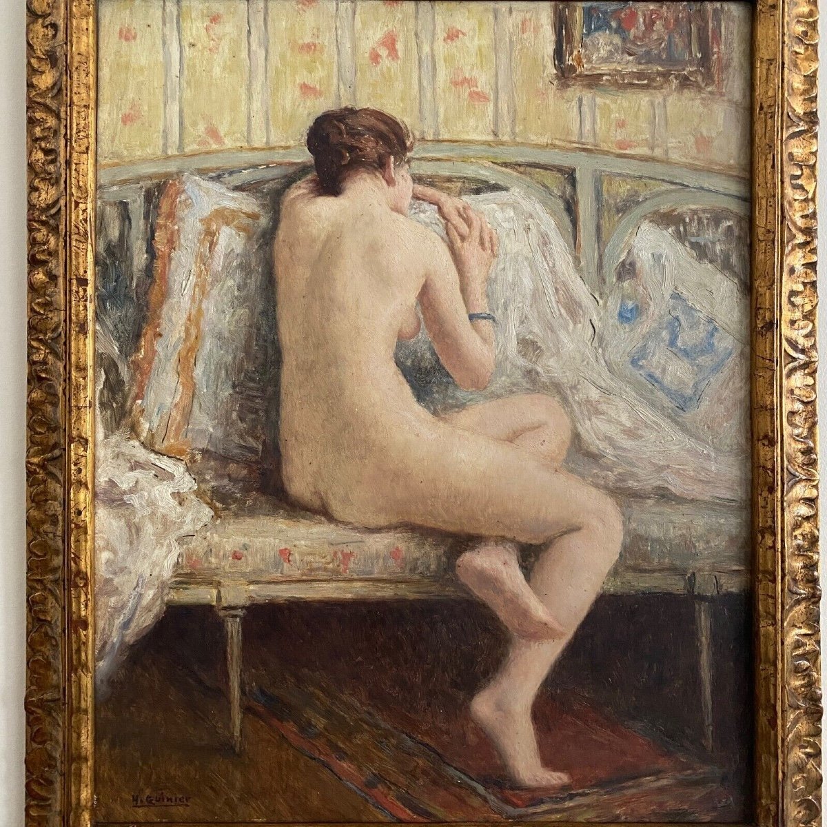 Oil On Panel By Henri Guinier Nude Woman Interior Scene-photo-2