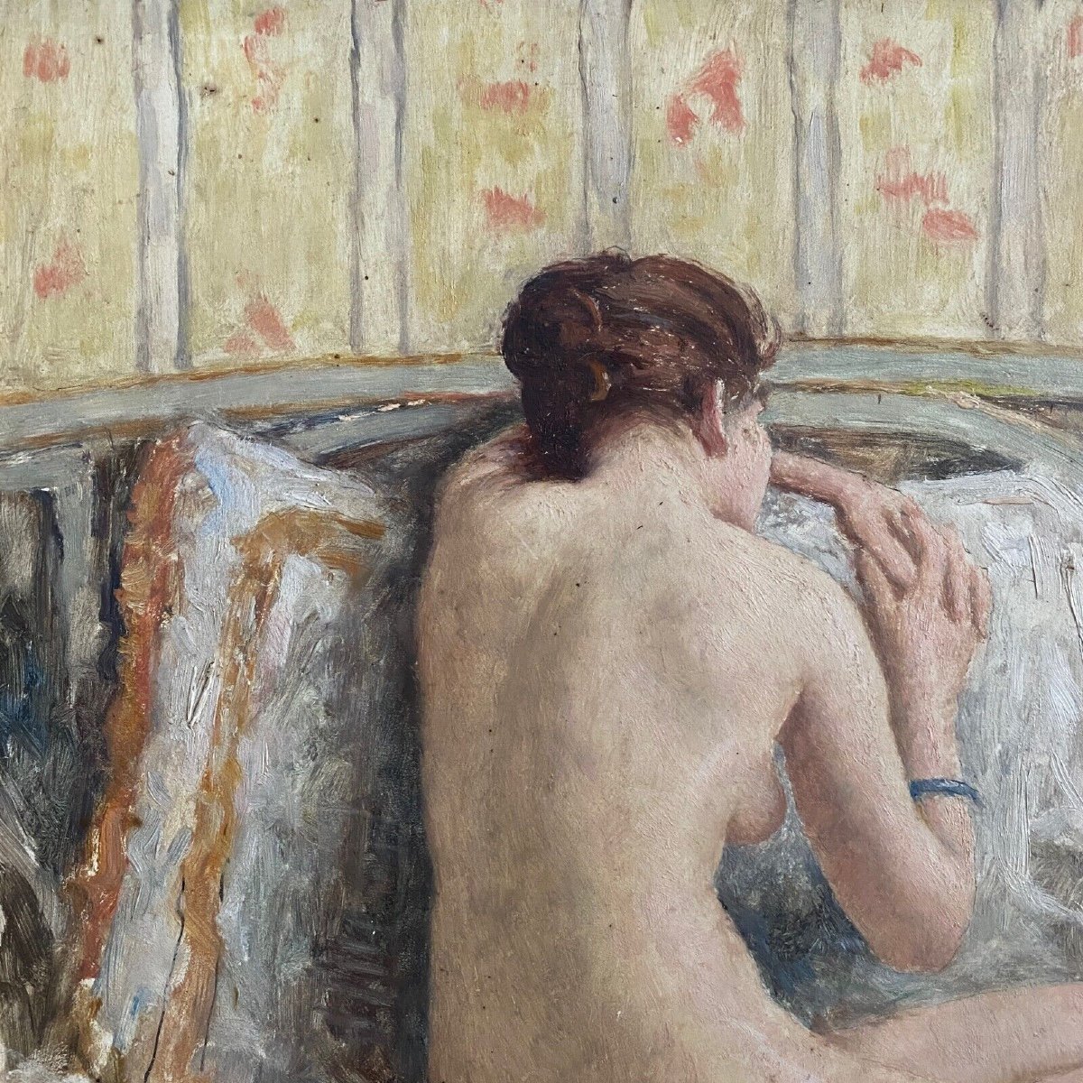 Oil On Panel By Henri Guinier Nude Woman Interior Scene-photo-1