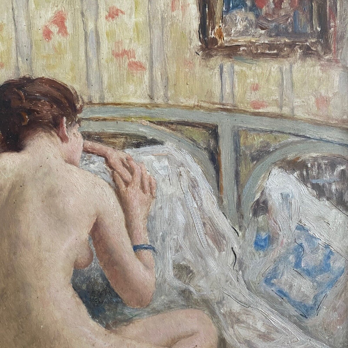 Oil On Panel By Henri Guinier Nude Woman Interior Scene-photo-2